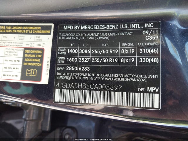 45888071 :رقم المزاد ، 4JGDA5HB8CA008892 vin ، 2012 Mercedes-benz Ml 350 4matic مزاد بيع