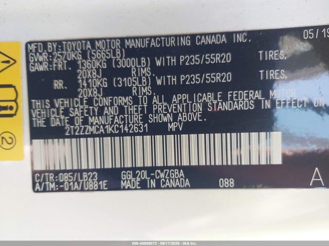 45888072 :رقم المزاد ، 2T2ZZMCA1KC142631 vin ، 2019 Lexus Rx 350 مزاد بيع