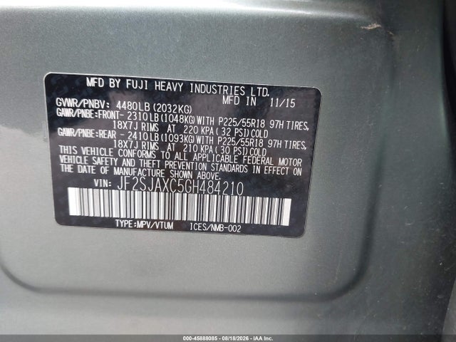 Aukcja sprzedaży 2016 Subaru Forester 2.5i Touring, vin: JF2SJAXC5GH484210, numer aukcji: 45888085