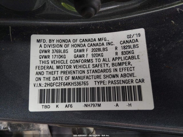 Продаж на аукціоні авто 2019 Honda Civic Lx, vin: 2HGFC2F64KH536765, номер лоту: 45888087