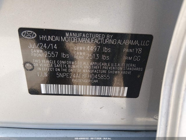 Продажа на аукционе авто 2015 Hyundai Sonata Se, vin: 5NPE24AF8FH045855, номер лота: 45888102
