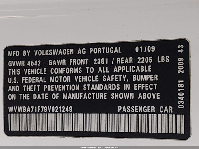 2009 Volkswagen Eos Komfort მანქანა იყიდება აუქციონზე, vin: WVWBA71F79V021249, აუქციონის ნომერი: 45888104