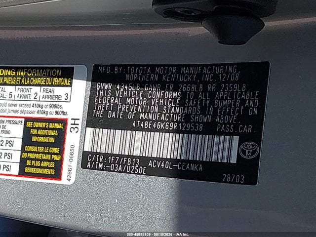 Продажа на аукционе авто 2009 Toyota Camry Le, vin: 4T4BE46K69R129538, номер лота: 45888109
