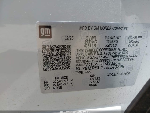 45888110 :رقم المزاد ، KL79MPSL1TB143296 vin ، 2026 Chevrolet Trailblazer Fwd Lt مزاد بيع