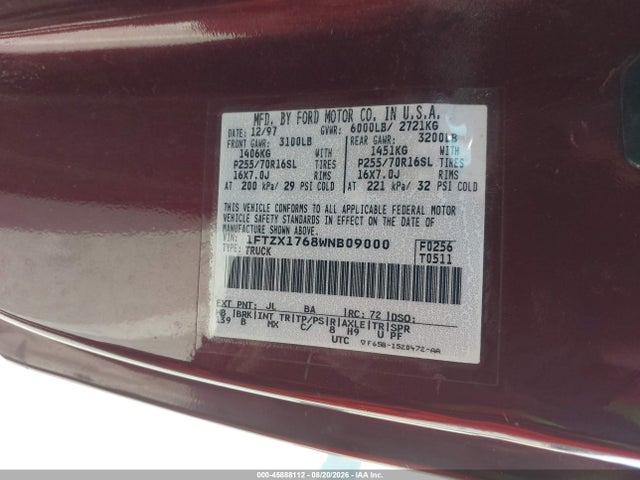 Продаж на аукціоні авто 1998 Ford F-150 Lariat/standard/xl/xlt, vin: 1FTZX1768WNB09000, номер лоту: 45888112