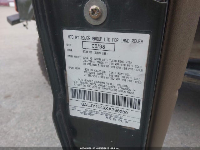 Auction sale of the 1999 Land Rover Discovery Sd/series Ii, vin: SALJY1249XA796280, lot number: 45888115