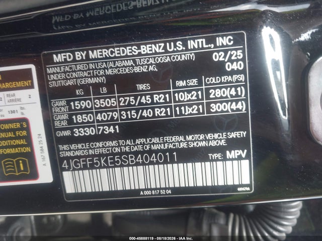 Aukcja sprzedaży 2025 Mercedes-benz Gls 450 4matic, vin: 4JGFF5KE5SB404011, numer aukcji: 45888119