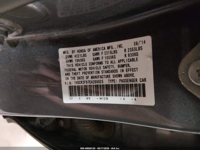 Продажа на аукционе авто 2014 Honda Accord Ex-l, vin: 1HGCR2F87EA266825, номер лота: 45888120