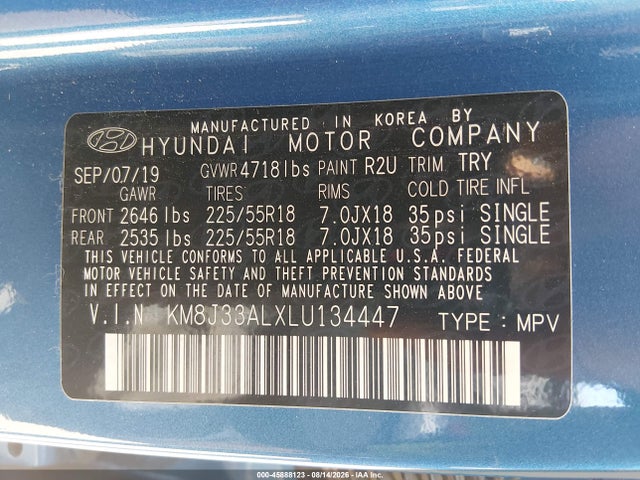 45888123 :رقم المزاد ، KM8J33ALXLU134447 vin ، 2020 Hyundai Tucson Sel مزاد بيع