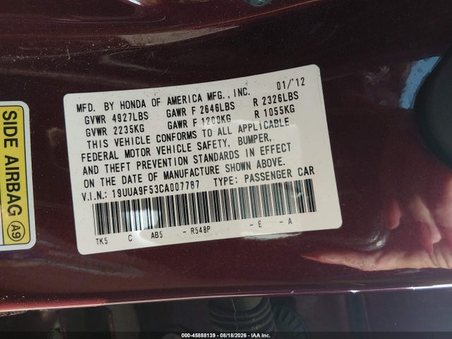 2012 Acura Tl 3.7 მანქანა იყიდება აუქციონზე, vin: 19UUA9F53CA007787, აუქციონის ნომერი: 45888139