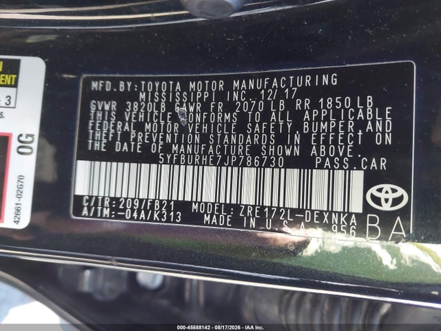 Toyota COROLLA LE 2018 5YFBURHE7JP786730 Image 9
