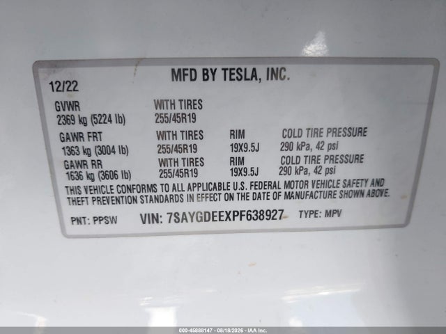 Aukcja sprzedaży 2023 Tesla Model Y Awd/long Range Dual Motor All-wheel Drive, vin: 7SAYGDEEXPF638927, numer aukcji: 45888147