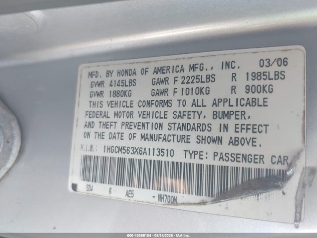 Aukcja sprzedaży 2006 Honda Accord 2.4 Se, vin: 1HGCM563X6A113510, numer aukcji: 45888154