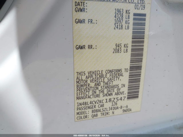 45888156 :رقم المزاد ، 1N4BL4CV2KC182547 vin ، 2019 Nissan Altima 2.5 Sr مزاد بيع