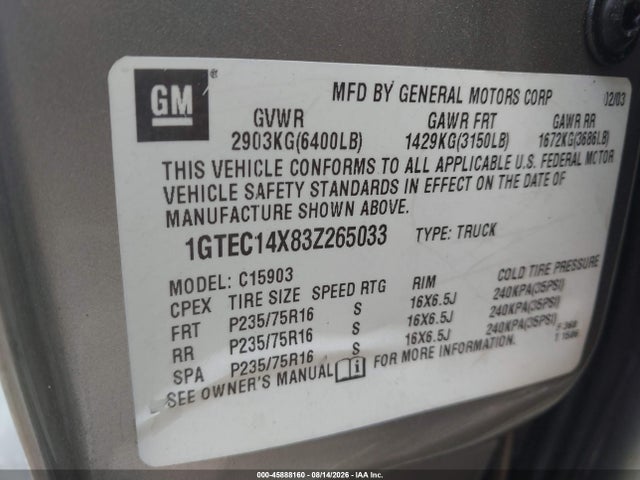 Продаж на аукціоні авто 2003 Gmc Sierra 1500 Work Truck, vin: 1GTEC14X83Z265033, номер лоту: 45888160