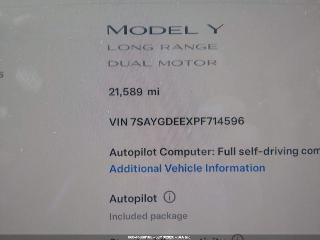 Продаж на аукціоні авто 2023 Tesla Model Y Awd/long Range Dual Motor All-wheel Drive, vin: 7SAYGDEEXPF714596, номер лоту: 45888165