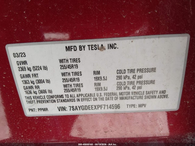 Продаж на аукціоні авто 2023 Tesla Model Y Awd/long Range Dual Motor All-wheel Drive, vin: 7SAYGDEEXPF714596, номер лоту: 45888165