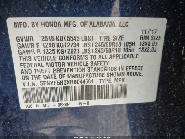 Honda Pilot Ex-l 2017 5FNYF5H5XHB044681 Image 9