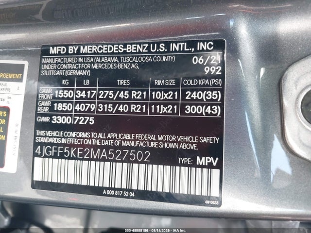 45888196 :رقم المزاد ، 4JGFF5KE2MA527502 vin ، 2021 Mercedes-benz Gls 450 4matic مزاد بيع