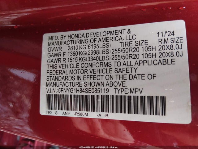 2025 Honda Pilot Elite მანქანა იყიდება აუქციონზე, vin: 5FNYG1H84SB085119, აუქციონის ნომერი: 45888222