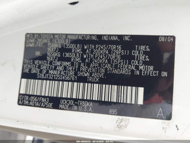 Auction sale of the 2005 Toyota Tundra Base V8, vin: 5TBJT32125S456761, lot number: 45888228