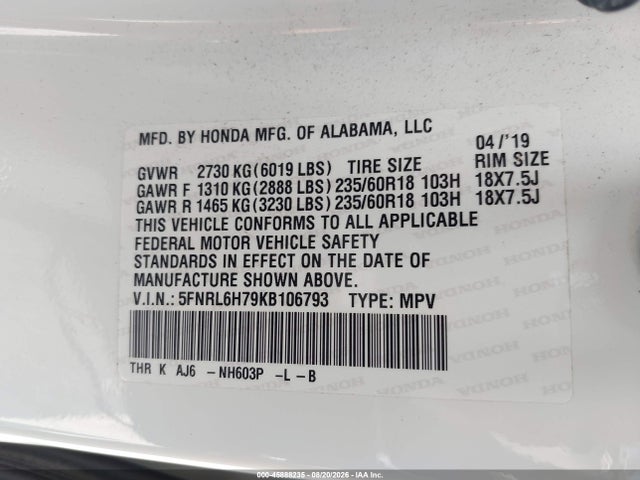 Honda Odyssey Ex-l 2019 5FNRL6H79KB106793 Image 9