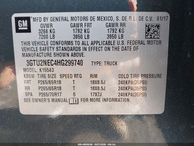 Продаж на аукціоні авто 2017 Gmc Sierra 1500 Slt, vin: 3GTU2NEC4HG299740, номер лоту: 45888246