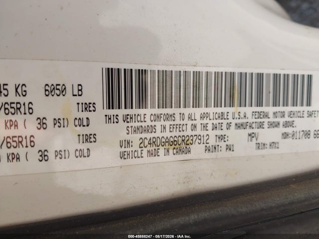 Aukcja sprzedaży 2012 Ram Cargo C/v, vin: 2C4RDGAG6CR237912, numer aukcji: 45888247