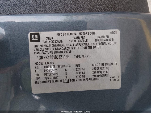 45888258 :رقم المزاد ، 1GNFK13018J221156 vin ، 2008 Chevrolet Tahoe Ltz مزاد بيع