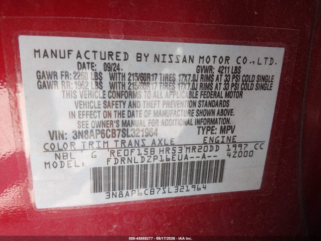 2025 Nissan Kicks Sv Intelligent Awd მანქანა იყიდება აუქციონზე, vin: 3N8AP6CB7SL321964, აუქციონის ნომერი: 45888277