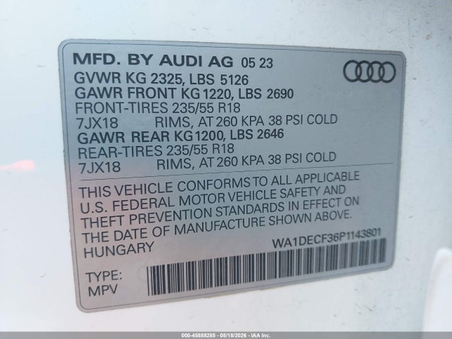 45888285 :رقم المزاد ، WA1DECF36P1143801 vin ، 2023 Audi Q3 Premium 45 Tfsi S Line Quattro Tiptronic مزاد بيع