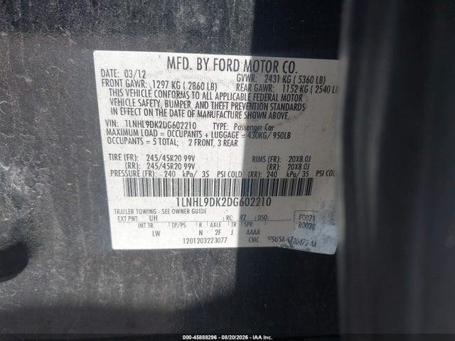 Продаж на аукціоні авто 2013 Lincoln Mks, vin: 1LNHL9DK2DG602210, номер лоту: 45888296