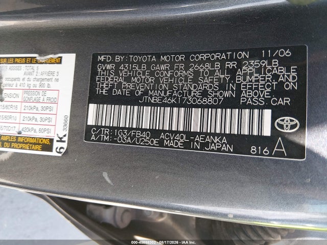 Aukcja sprzedaży 2007 Toyota Camry Le, vin: JTNBE46K173068807, numer aukcji: 45888302