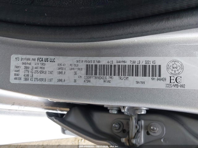 Aukcja sprzedaży 2019 Ram 1500 Big Horn, vin: 1C6SRFFT9KN834316, numer aukcji: 45888303