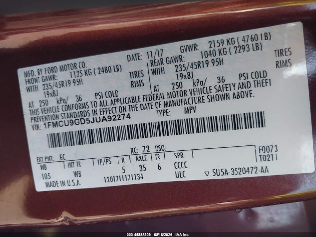 Ford ESCAPE SE 2018 1FMCU9GD5JUA92274 Image 9
