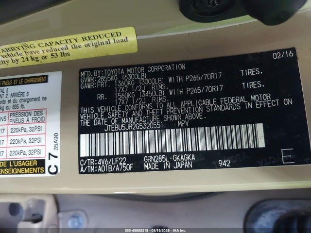 45888318 :رقم المزاد ، JTEBU5JR2G5320551 vin ، 2016 Toyota 4runner Trd Pro مزاد بيع
