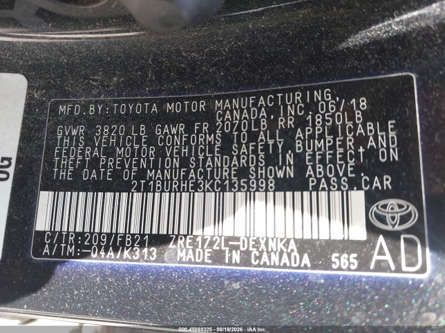 2019 Toyota Corolla Le მანქანა იყიდება აუქციონზე, vin: 2T1BURHE3KC135998, აუქციონის ნომერი: 45888325
