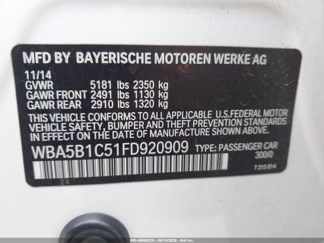 Aukcja sprzedaży 2015 Bmw 535i, vin: WBA5B1C51FD920909, numer aukcji: 45888328