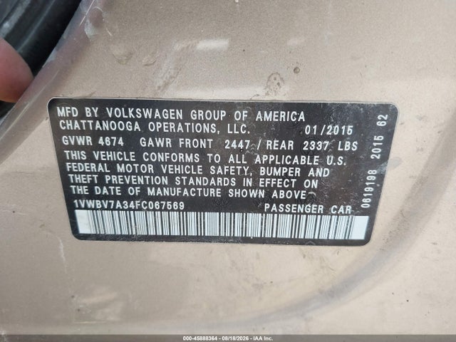 Aukcja sprzedaży 2015 Volkswagen Passat 2.0l Tdi Se, vin: 1VWBV7A34FC067569, numer aukcji: 45888364