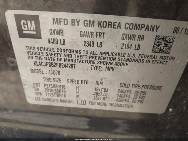 45888390 :رقم المزاد ، KL4CJFSB2FB244297 vin ، 2015 Buick Encore Convenience مزاد بيع