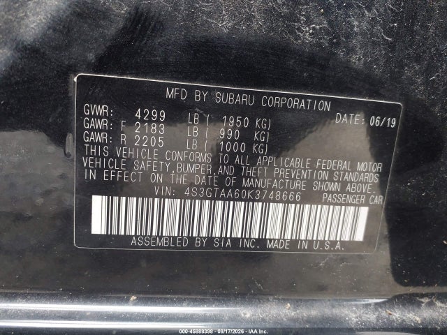 45888398 :رقم المزاد ، 4S3GTAA60K3748666 vin ، 2019 Subaru Impreza 2.0i مزاد بيع