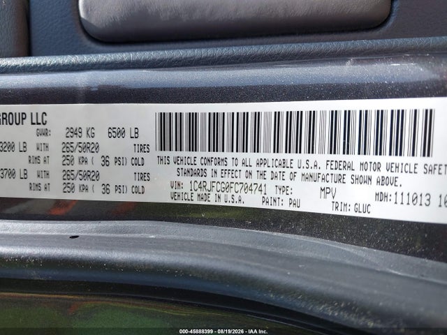 Aukcja sprzedaży 2015 Jeep Grand Cherokee Overland, vin: 1C4RJFCG0FC704741, numer aukcji: 45888399