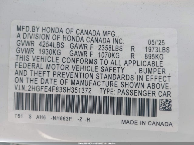 45888409 :رقم المزاد ، 2HGFE4F83SH351372 vin ، 2025 Honda Civic Hybrid Sport/sport Touring مزاد بيع