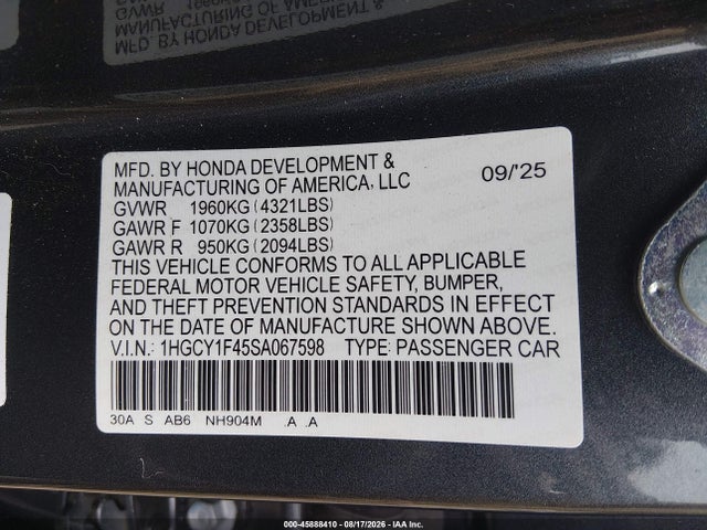 Продаж на аукціоні авто 2025 Honda Accord Se, vin: 1HGCY1F45SA067598, номер лоту: 45888410