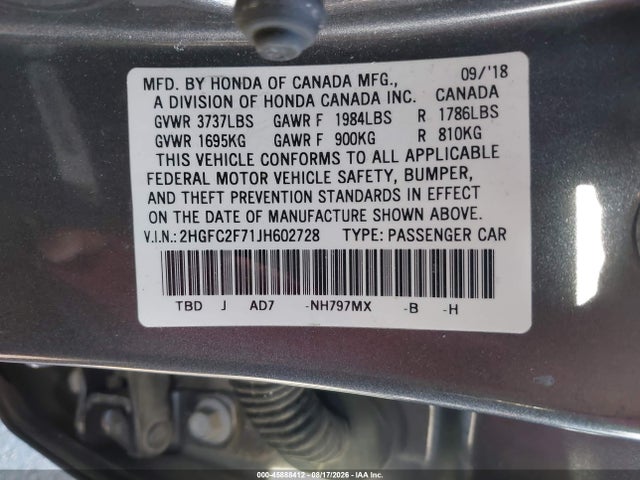 Honda CIVIC EX 2018 2HGFC2F71JH602728 Image 9