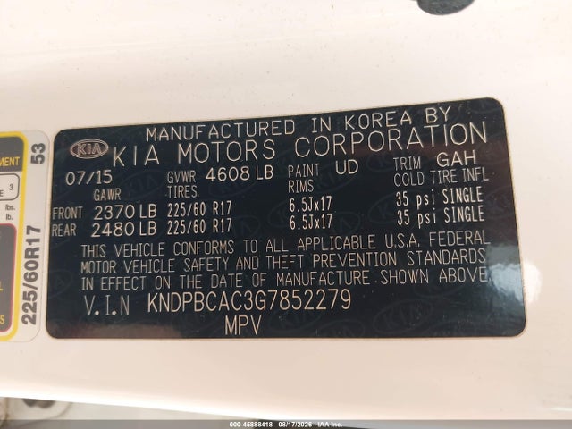 Aukcja sprzedaży 2016 Kia Sportage Lx, vin: KNDPBCAC3G7852279, numer aukcji: 45888418