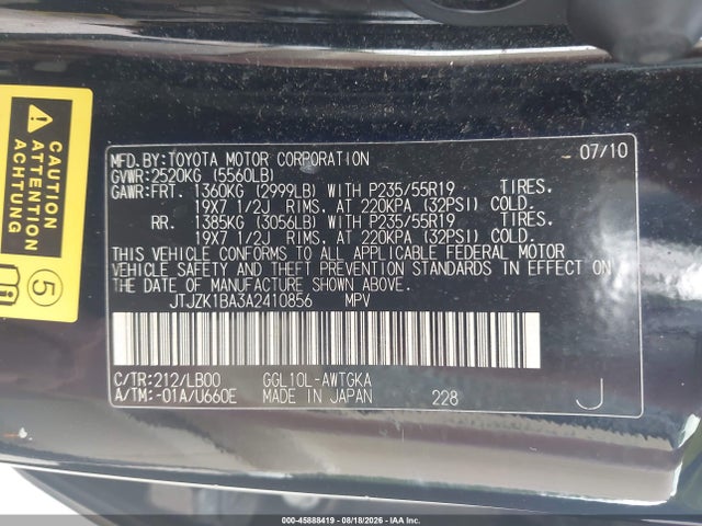 Aukcja sprzedaży 2010 Lexus Rx 350, vin: JTJZK1BA3A2410856, numer aukcji: 45888419