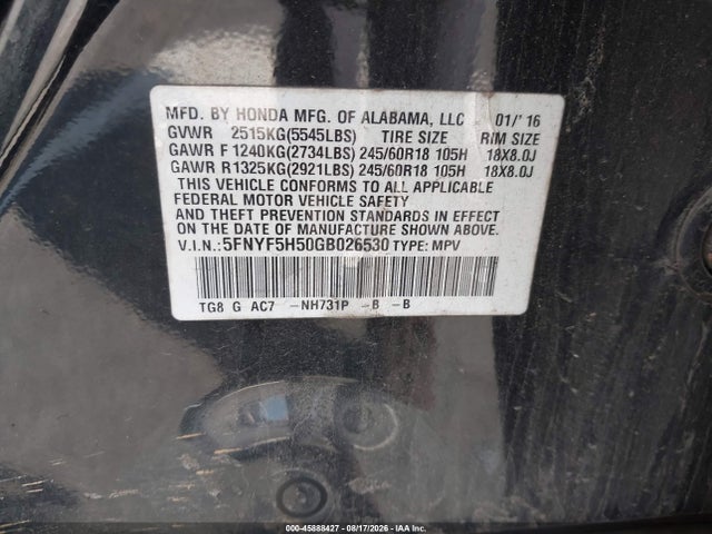 Aukcja sprzedaży 2016 Honda Pilot Ex-l, vin: 5FNYF5H50GB026530, numer aukcji: 45888427