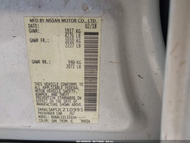 45888436 :رقم المزاد ، 1N4AL3AP5JC210995 vin ، 2018 Nissan Altima 2.5 Sv مزاد بيع