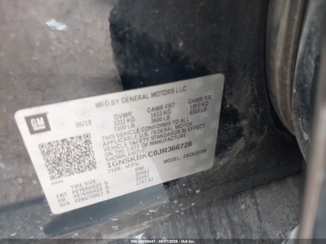 Aukcja sprzedaży 2018 Chevrolet Tahoe Lt, vin: 1GNSKBKC0JR366728, numer aukcji: 45888447